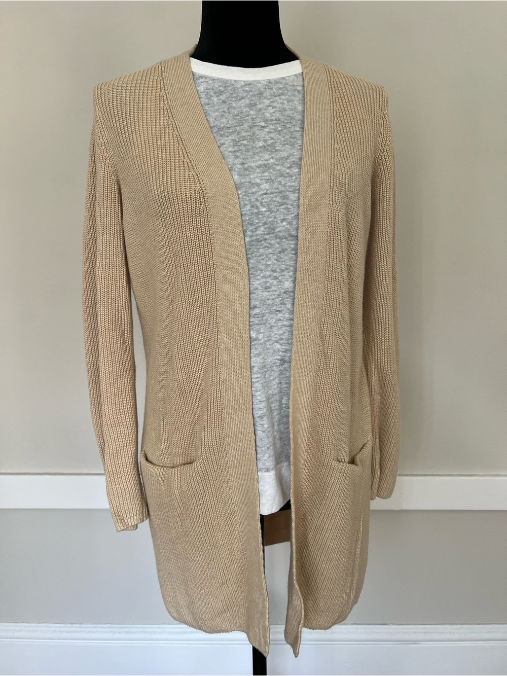 EUC Old Navy Womens Long Line Open-Front Knit Cardigan Oatmeal Heather Tan Sz XS